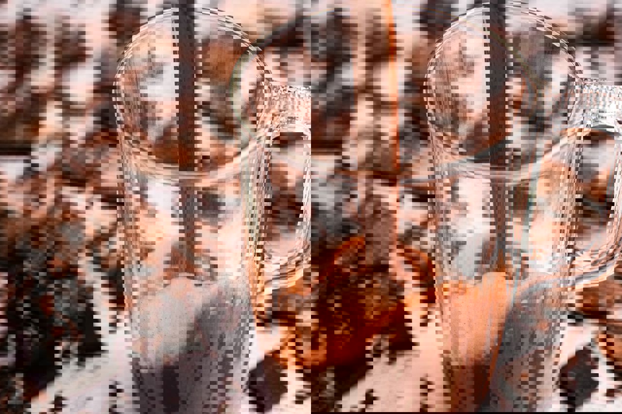 Nærbillede af chokolademælk, der hældes i et glas med skum på toppen, omgivet af chokoladestykker.